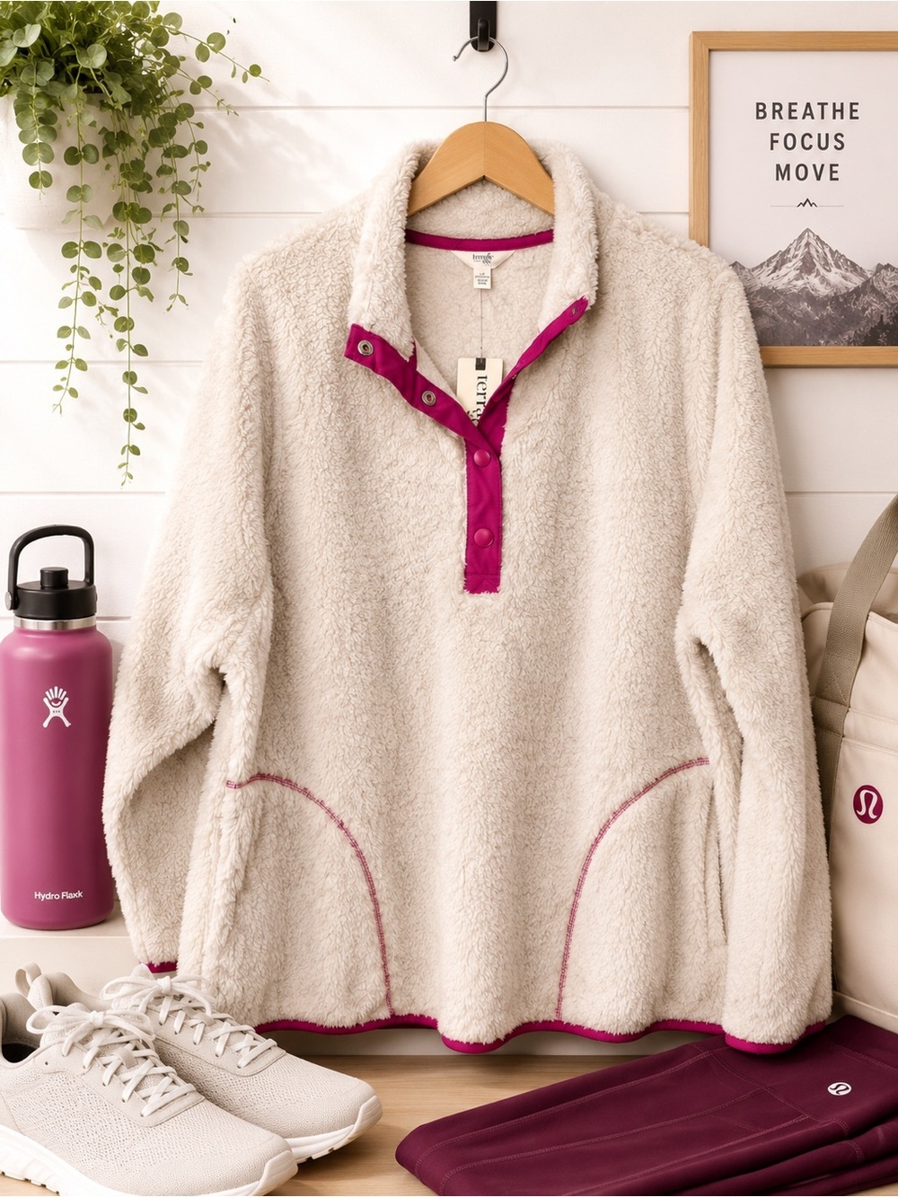 Terra & Sky Cream Sherpa Pullover with Magenta Trim